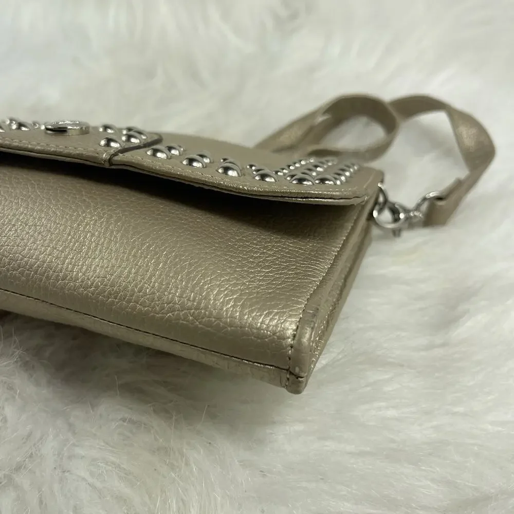 GRACE ADELE Gold Leather Clutch With Leather Flower Crossbody Style